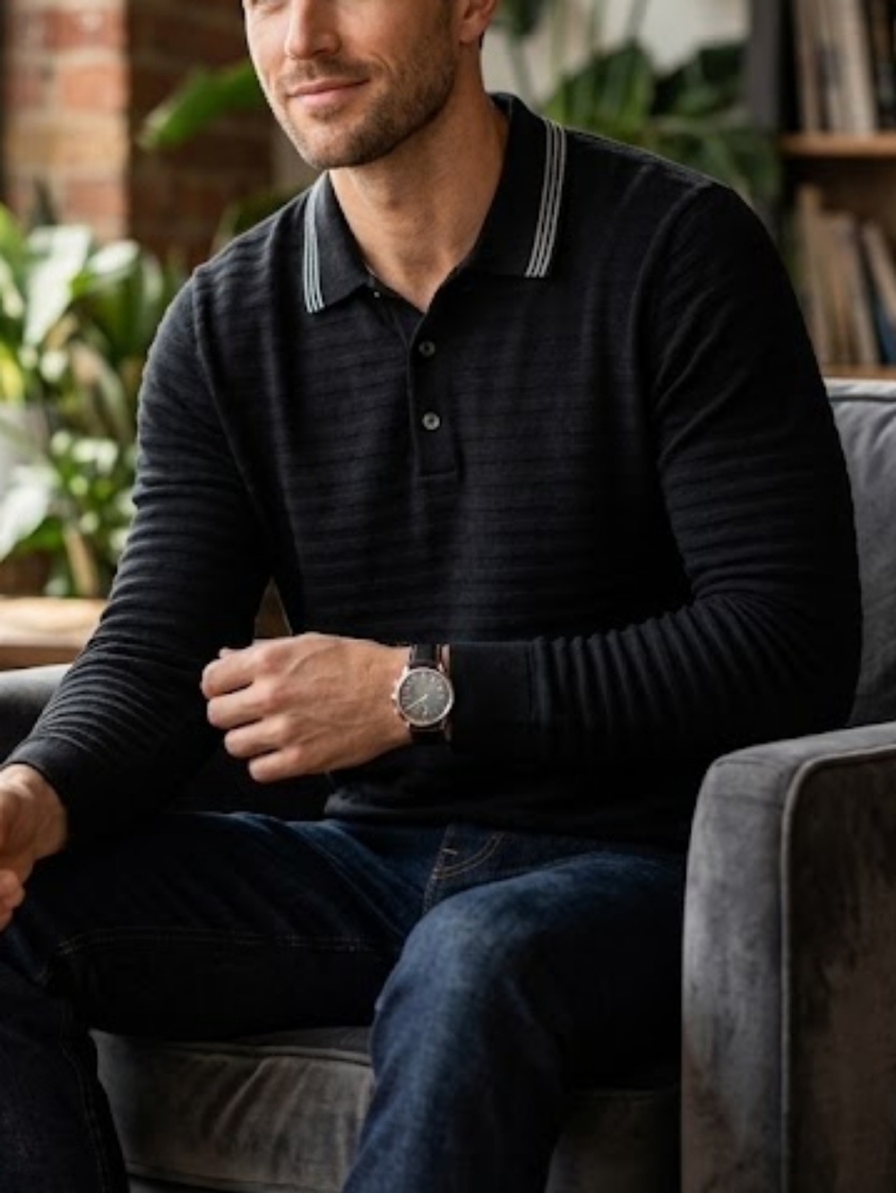 Ted Baker Men's Long-Sleeve Black Polo with Contrast Collar Stripes Size Medium